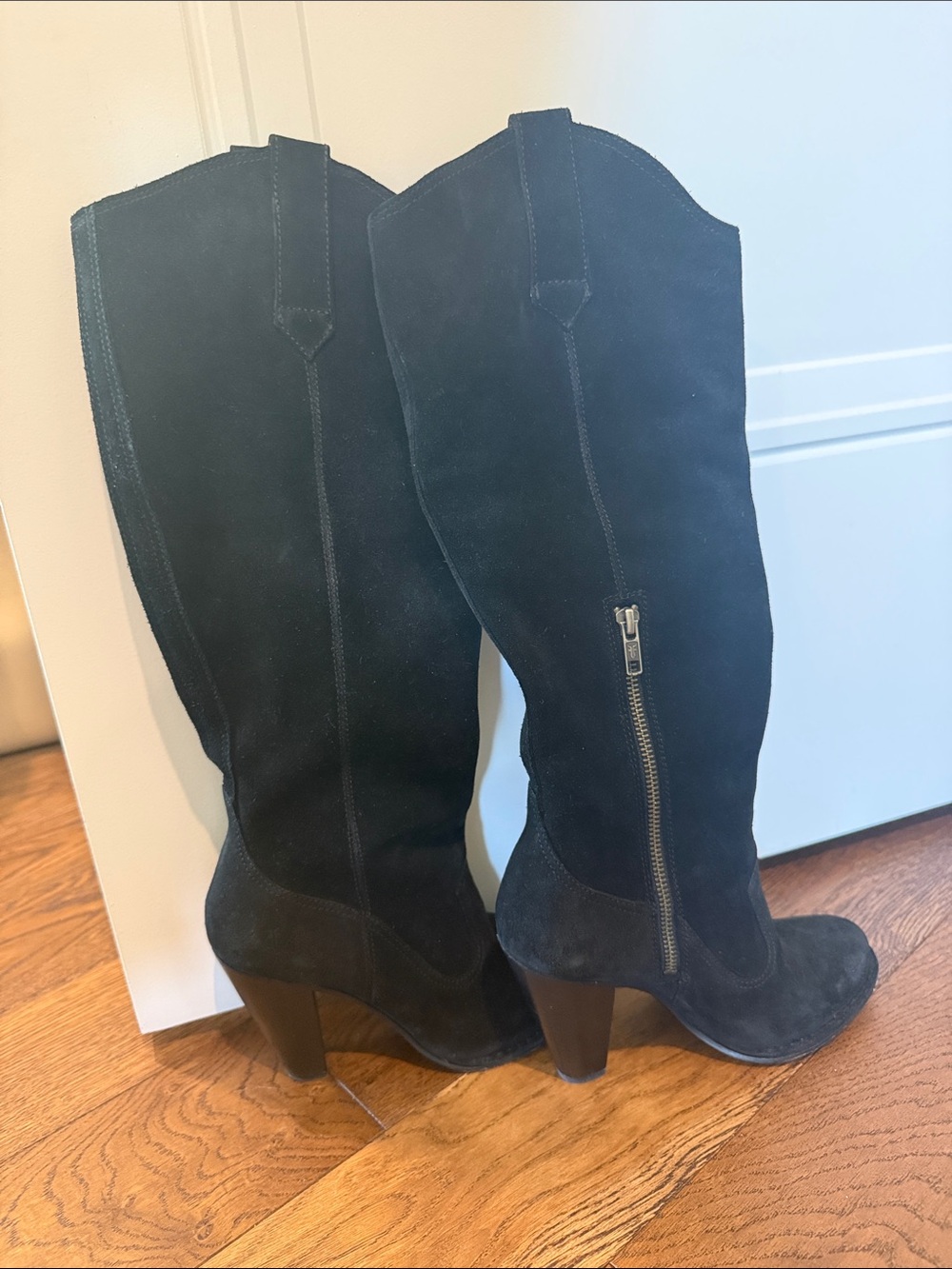 Frye Black Suede Knee-High Heeled Boots with Side Zip